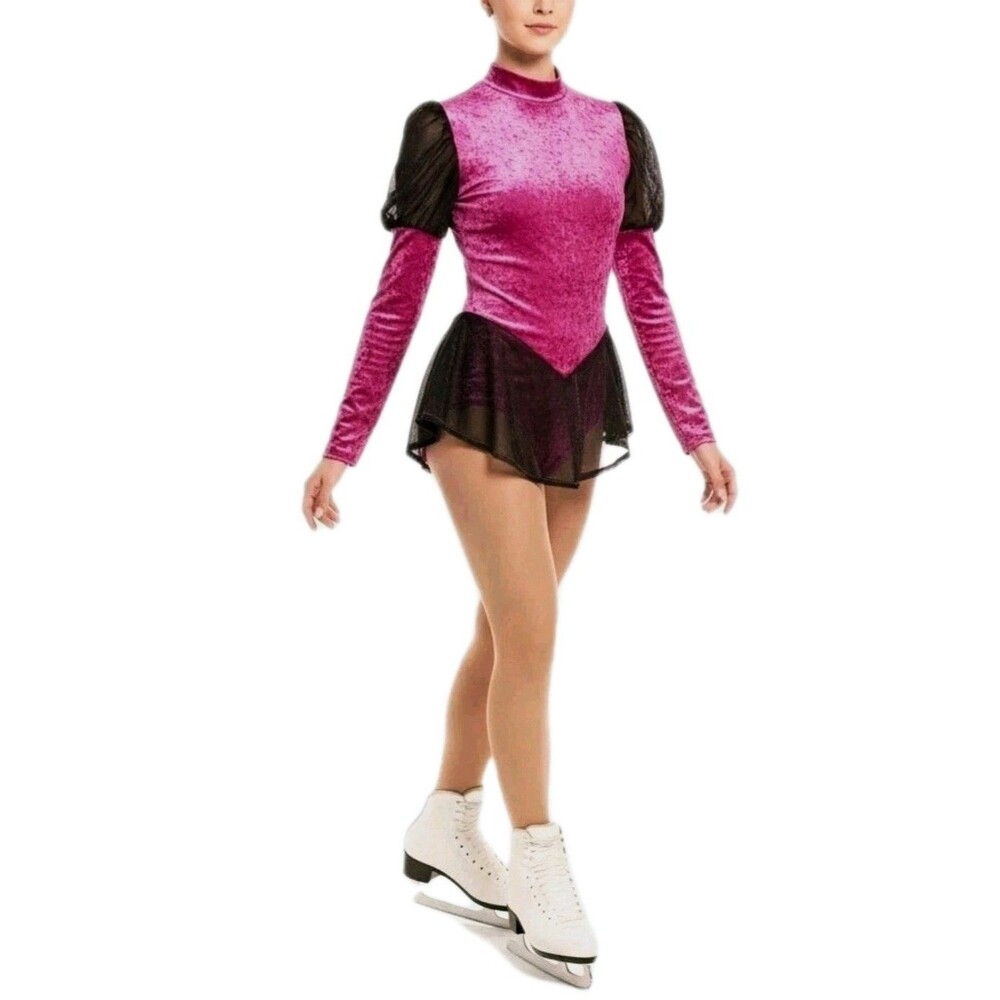 Gilda Marx VTG High Neck Velvet Keyhole Mesh Skate Dress Fuchsia Adult XS (Y/J)